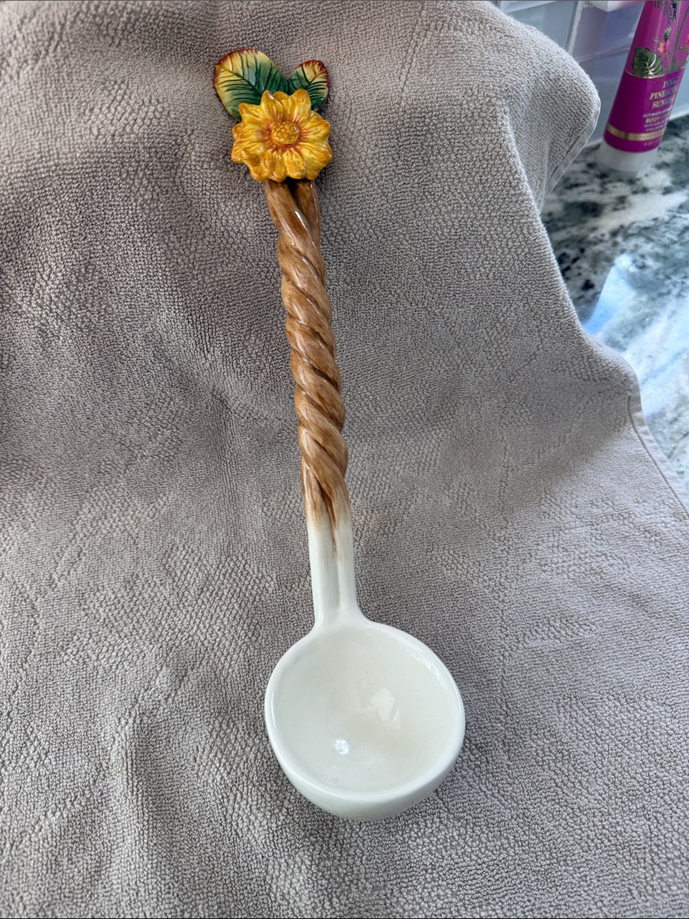 Handpainted Flower-Accent Ceramic Soup Ladle - Yellow